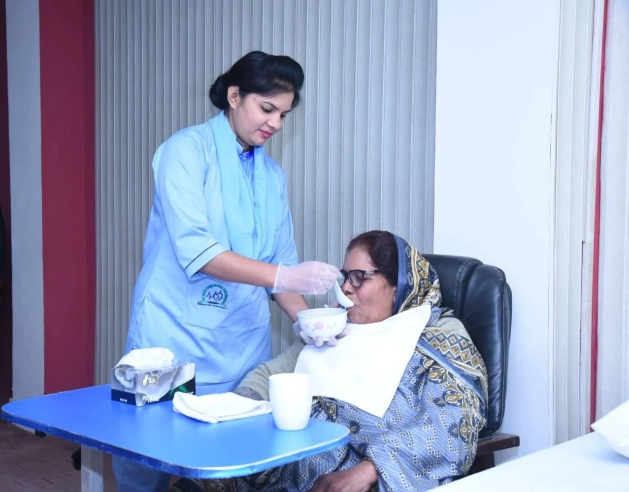 Nurse feeding an elderly woman at home.